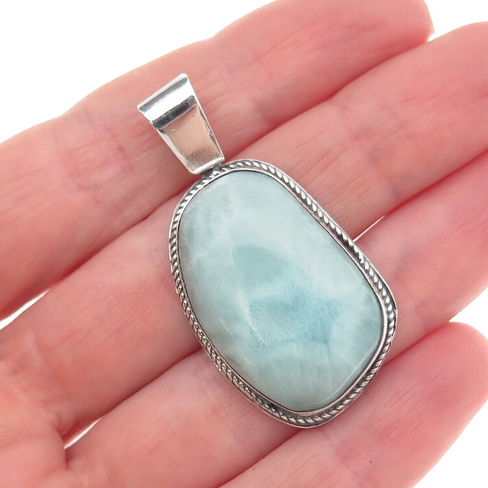 925 Sterling Silver Vintage Real Larimar Oxidized Pendant